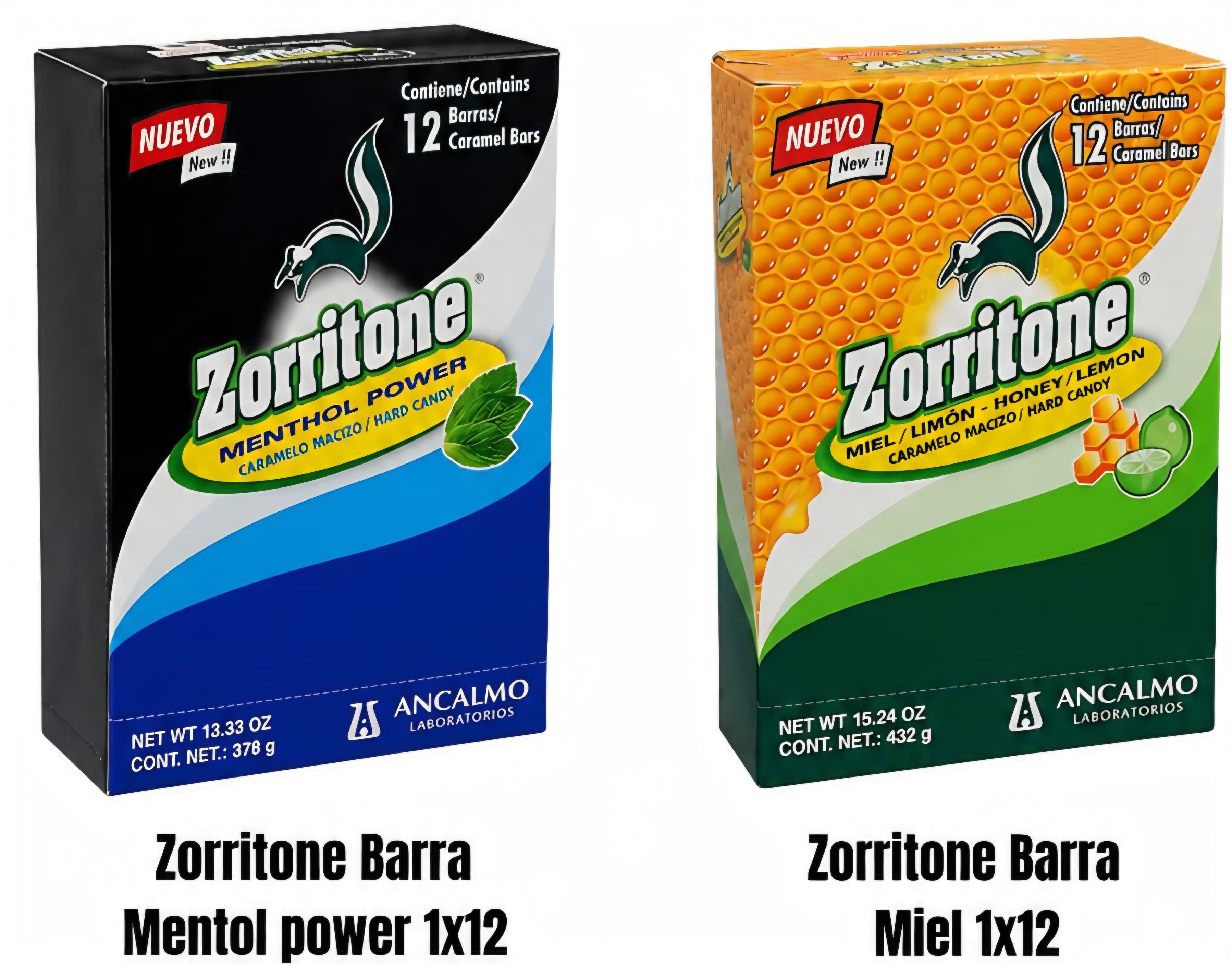 Zorritone barras de caramelo duro, Menthol Power o Miel Limón, caja de 12
